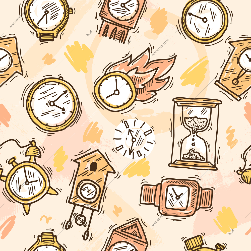 Clock sketch seamless pattern with sand analog watch and stopwatch vector illustration