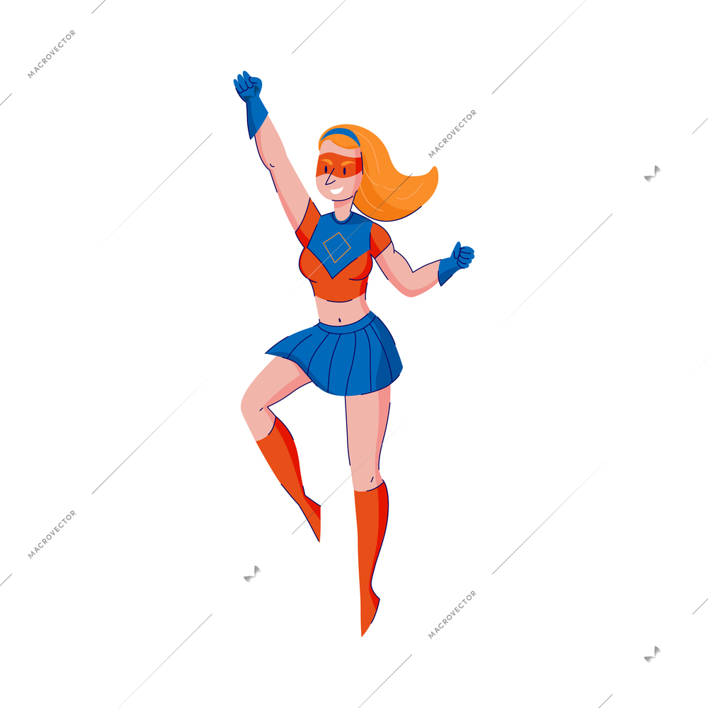 Powerful female superhero cartoon comic strip character flat vector illustration