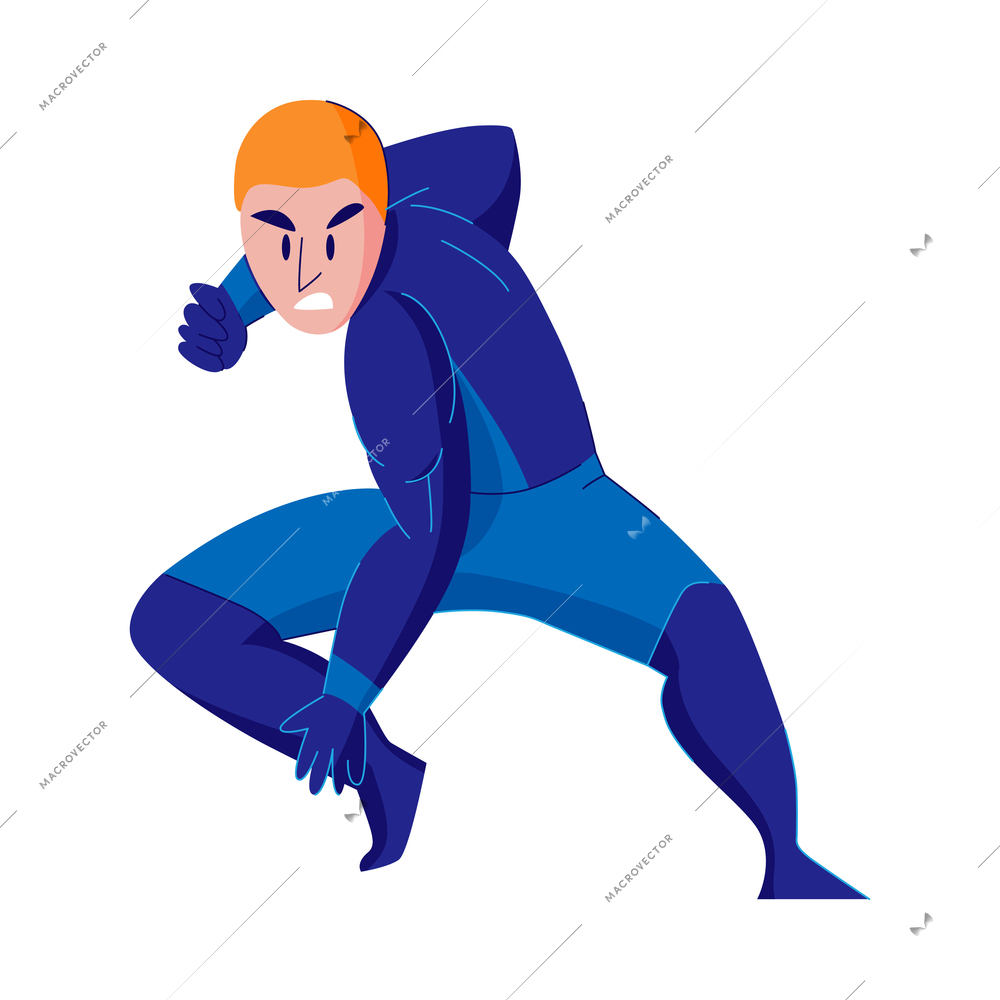 Strong male superhero wearing blue costume on white background flat vector illustration