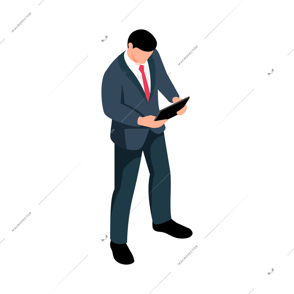 Man pose icon with businessman character using tablet 3d isometric vector illustration