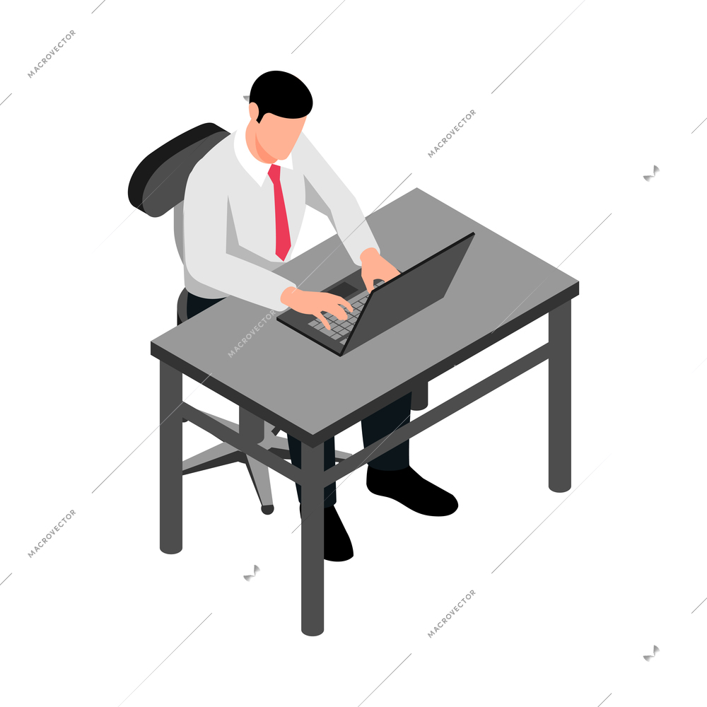 Isometric faceless character of businesman working on laptop in office 3d vector illustration