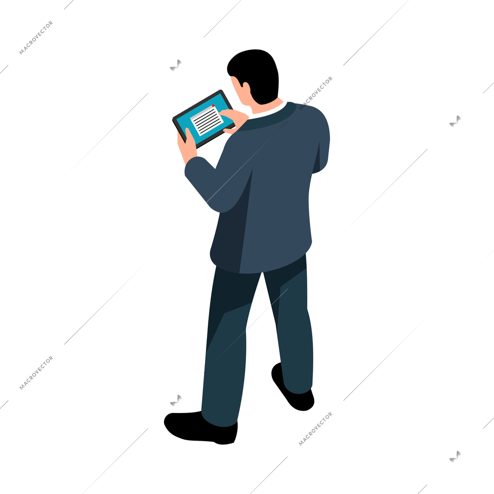 Businessman character with tablet back view isometric vector illustration