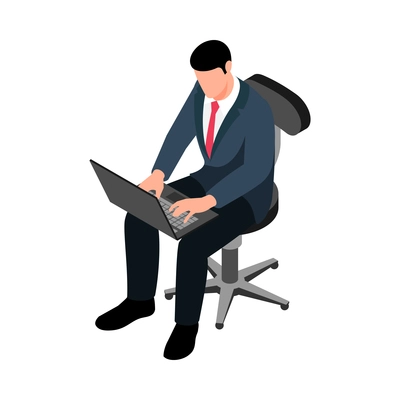 Isometric businessman in suit working on laptop in office 3d vector illustration