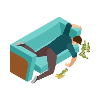 Alcoholism isometric icon with drunk man lying on sofa with bottles of beer around 3d vector illustration