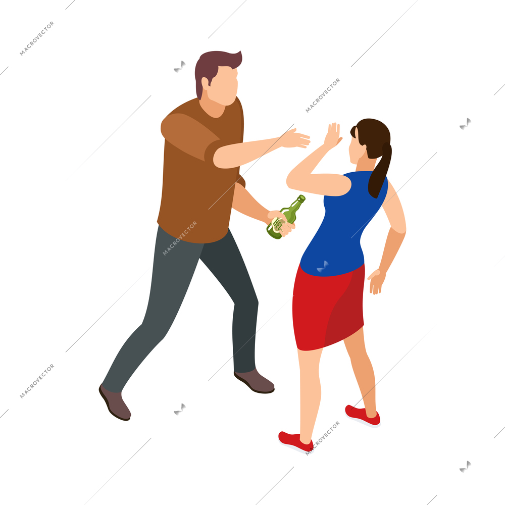 Alcoholic with bottle having fight with his wife 3d isometric vector illustration