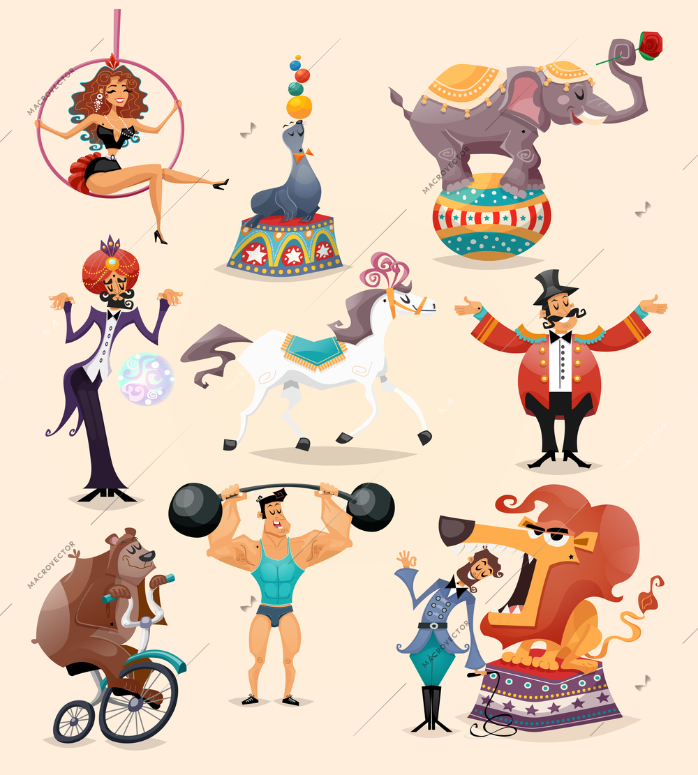 Circus performance decorative icons set with athlete animals magician vector illustration