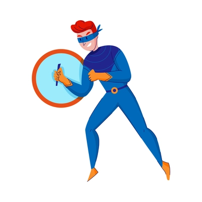 Flat character of superhero holding shield on white background vector illustration