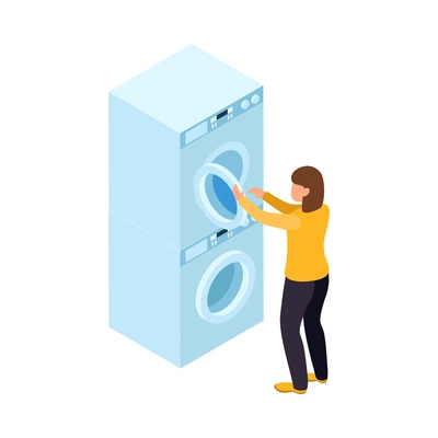 Coin laundry self service room isometric icon with woman opening washing machine door 3d vector illustration