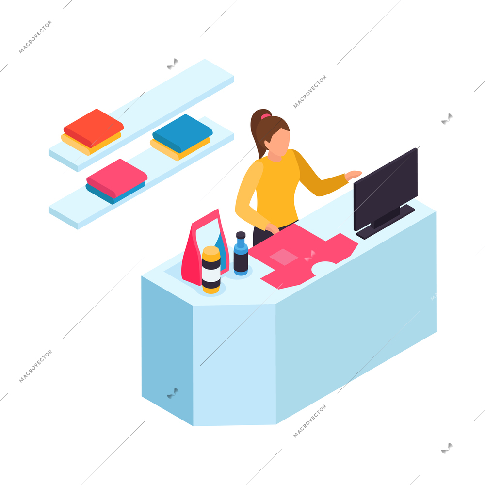 Isometric laundry room interior with woman at reception desk and clean clothing on shelves 3d vector illustration