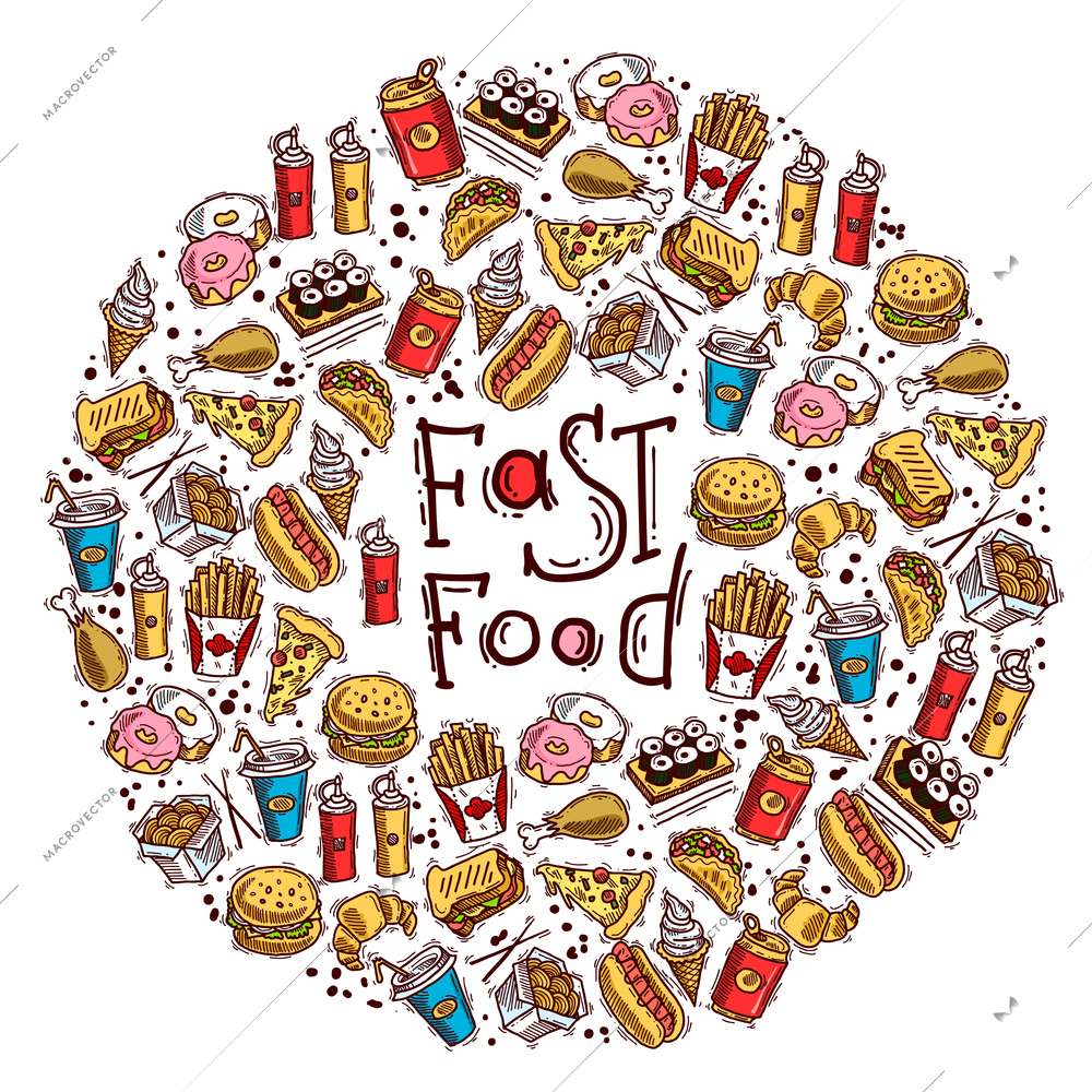 Fast food colored sketch decorative icons set in circle shape vector illustration