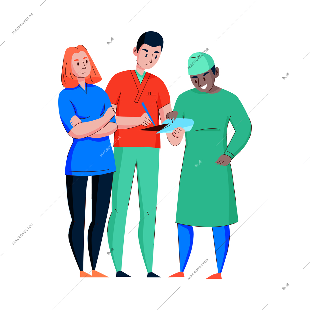 Smiling male doctor surgeon and two patients flat vector illustration