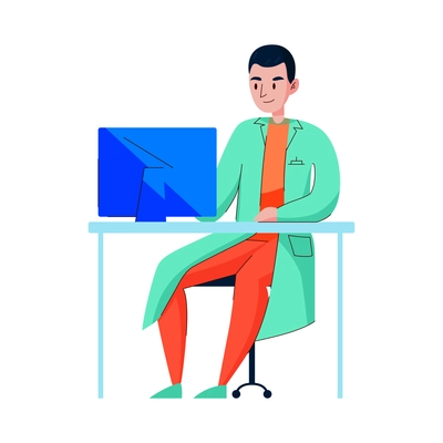 Male doctor working on computer flat vector illustration