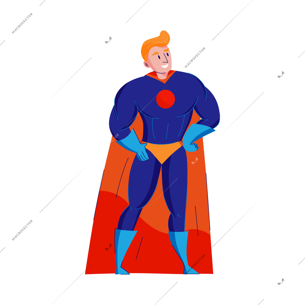 Smiling male superhero with red cape flat vector illustration