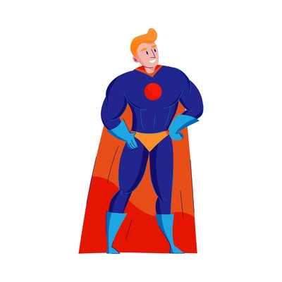 Smiling male superhero with red cape flat vector illustration