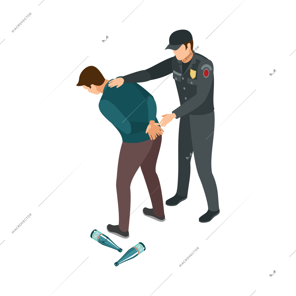 Isometric drunk man being arrested my policeman 3d vector illustration