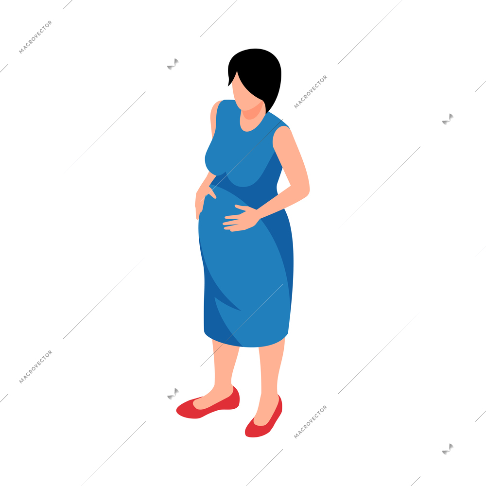 Isometric young pregnant woman in blue dress 3d vector illustration