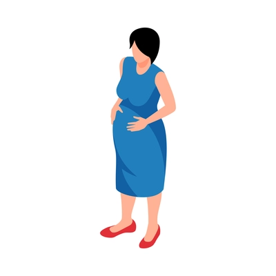 Isometric young pregnant woman in blue dress 3d vector illustration