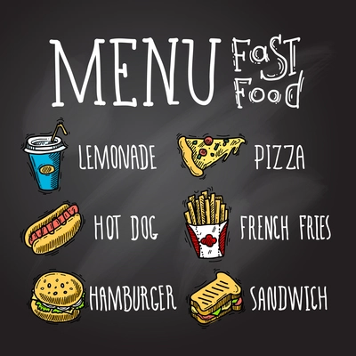 Fast food menu chalkboard decorative icons set with lemonade hot dog hamburger pizza french fries hamburger and sandwich isolated vector illustration