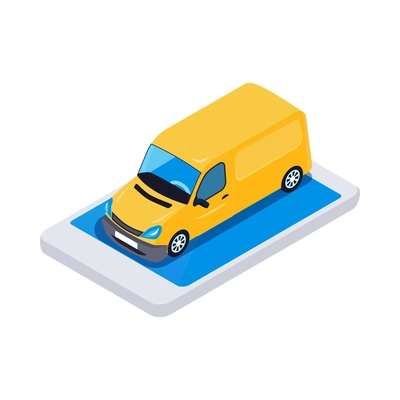 Online shopping isometric icon with smartphone and delivery van 3d vector illustration