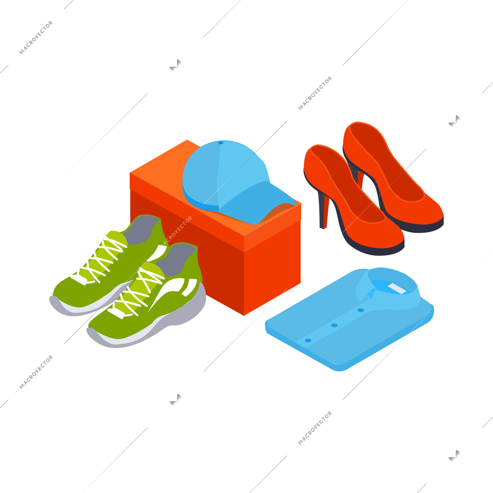 Clothes shopping isometric icon with new shoes cap shirt 3d vector illustration