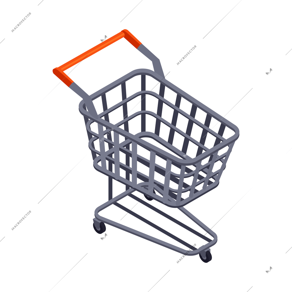 Empty supermarket shopping trolley on white background 3d isometric vector illustration