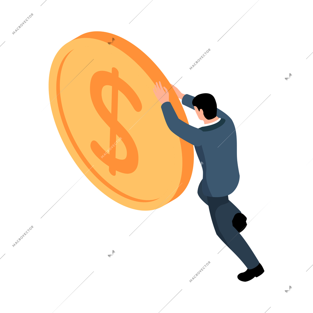 Isometric business concept with businessman pushing big coin 3d vector illustration