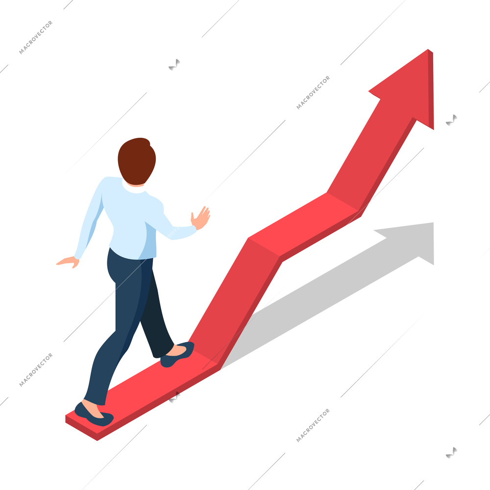 Isometric business concept with woman going up red arrow 3d vector illustration