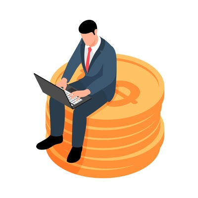 Isometric business concept with businessman working on stack of coins 3d vector illustration