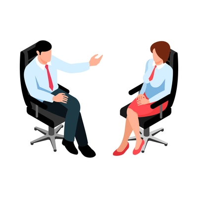 Isometric businesspeople male and female characters in office wear communicating 3d isolated vector illustration