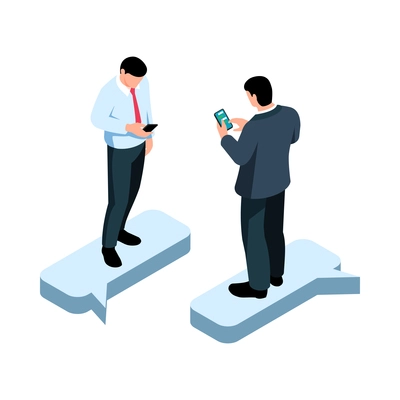 Businesspeople isometric concept with two men sending text messages on phones 3d isolated vector illustration