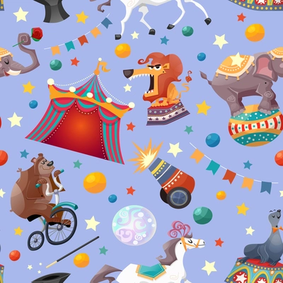 Circus performance seamless pattern with animals tent and decoration vector illustration