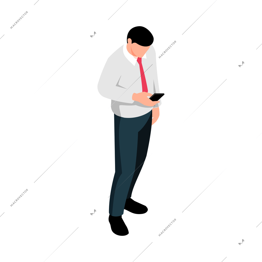 Businessman pose isometric man with smartphone 3d vector illustration