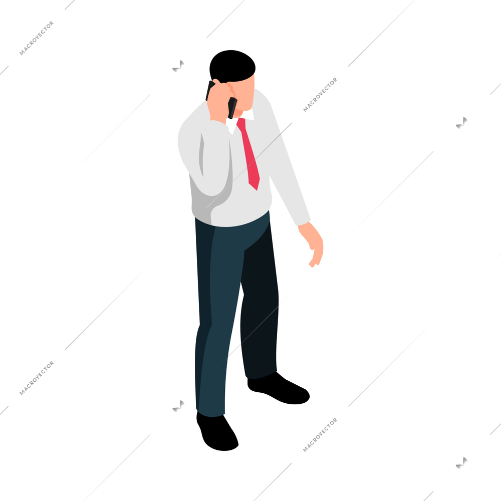 Isometric male character pose businessman talking on phone 3d vector illustration