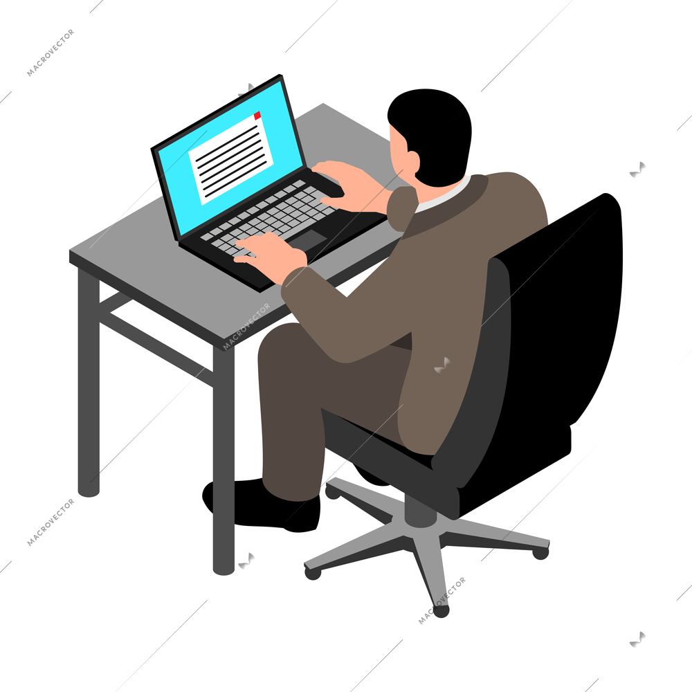Isometric businesman working on computer in office back view 3d vector illustration