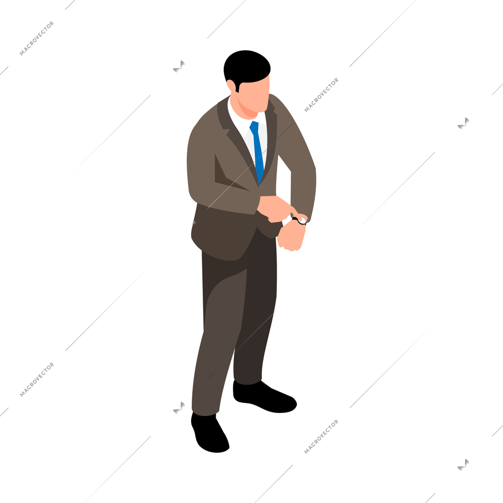 Isometric pose of businessman character with watch 3d vector illustration