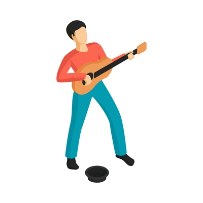 Isometric faceless character of street musician with hat for money playing guitar 3d vector illustration