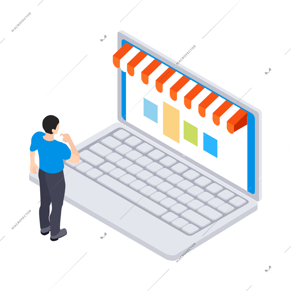Internet shopping isometric icon with character choosing goods online on laptop 3d vector illustration