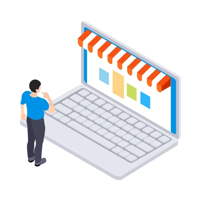 Internet shopping isometric icon with character choosing goods online on laptop 3d vector illustration