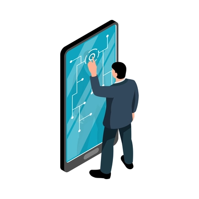 Businessman touching smartphone screen with diagram isometric concept 3d vector illustration