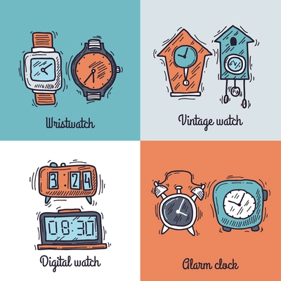 Clock design concept set with wristwatch vintage digital watch sketch icons isolated vector illustration