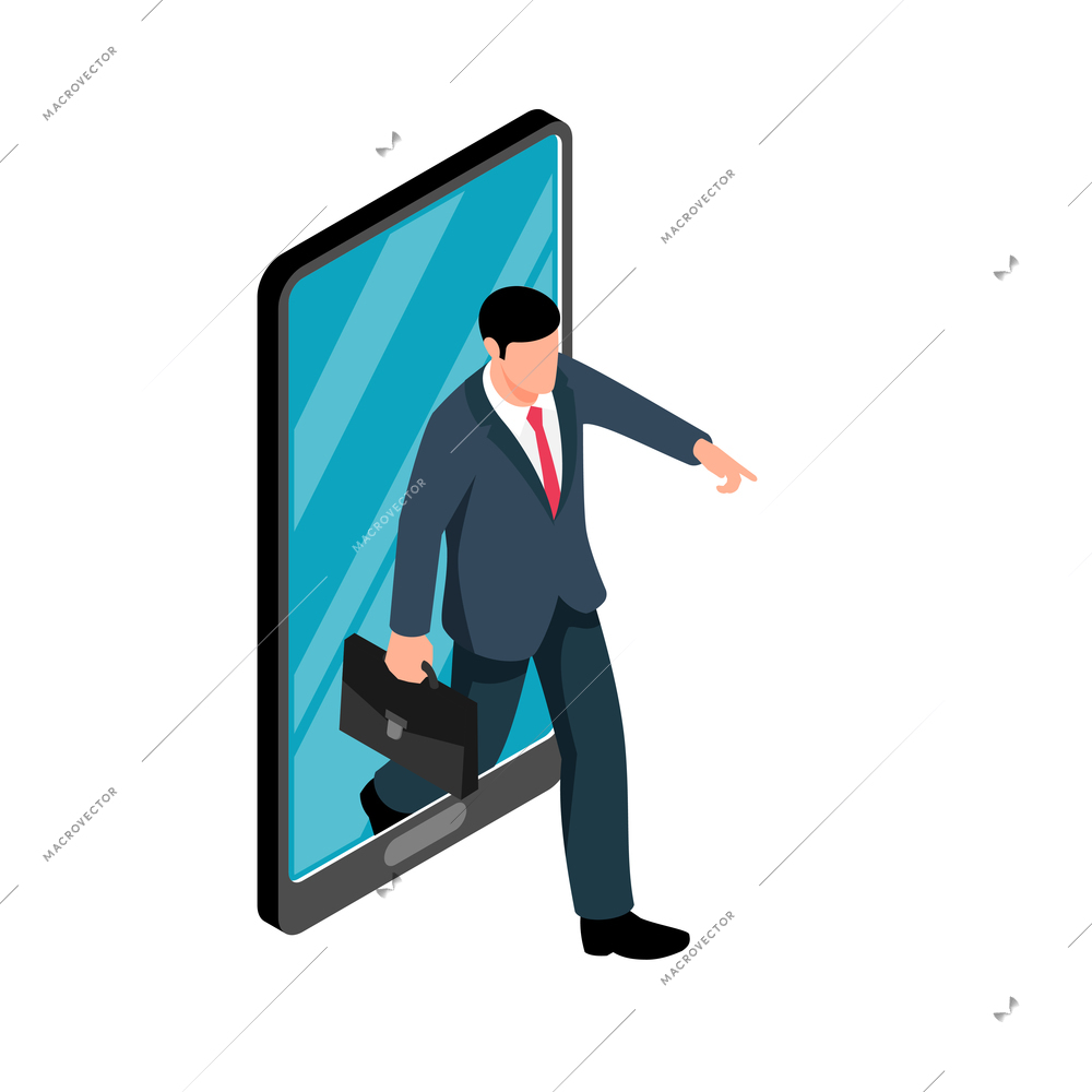 Isometric business concept with businessman going out of smartphone screen 3d vector illustration