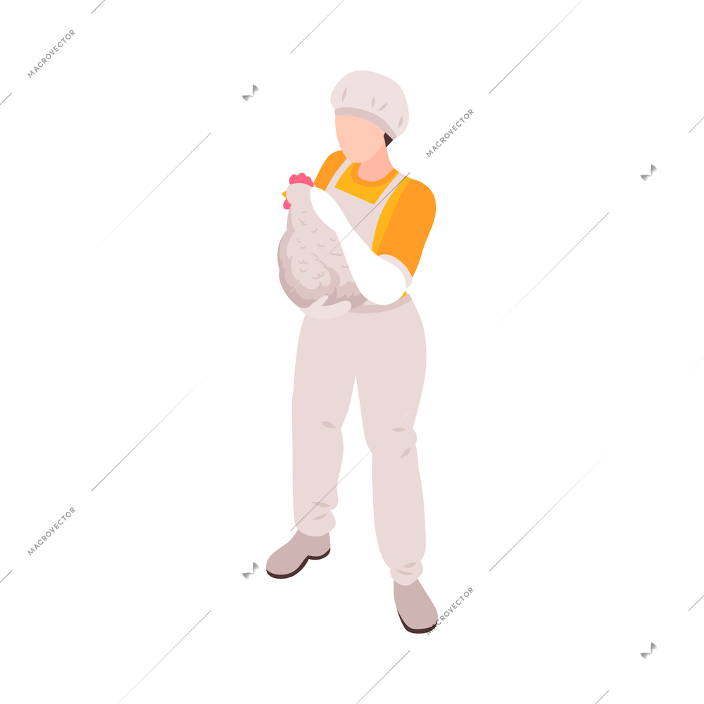 Isometric character of poultry farm worker holding white hen 3d vector illustration