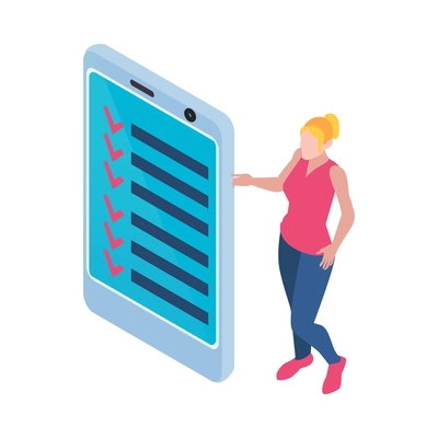 Time management concept with female character and checklist on smartphone 3d isometric vector illustration