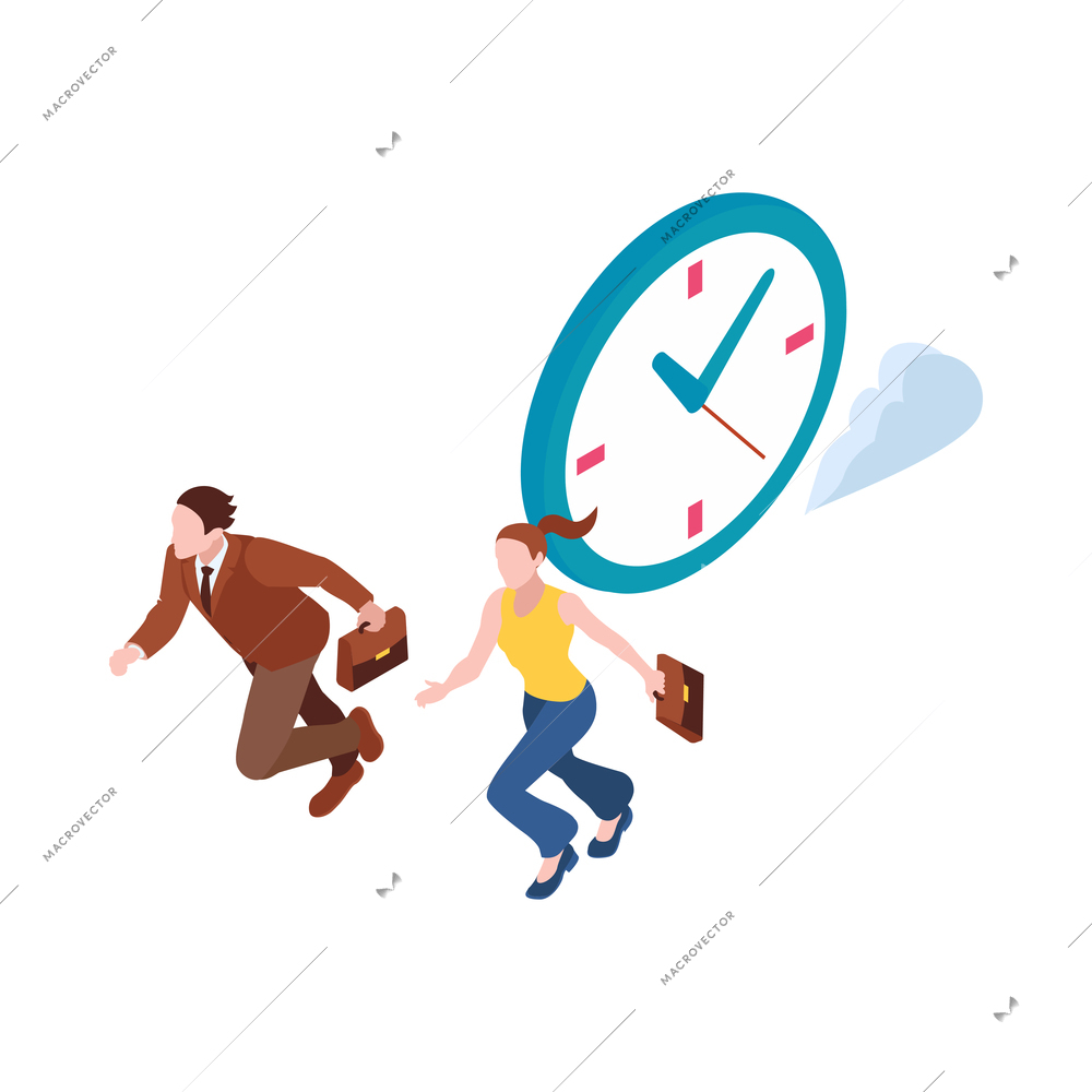 Time management deadline isometric concept with clock and two running people 3d vector illustration