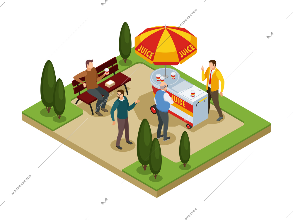 Isometric composition with street carts with drinks in park and people buying juice 3d vector illustration