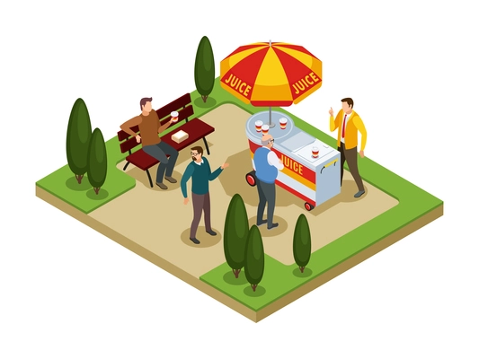 Isometric composition with street carts with drinks in park and people buying juice 3d vector illustration