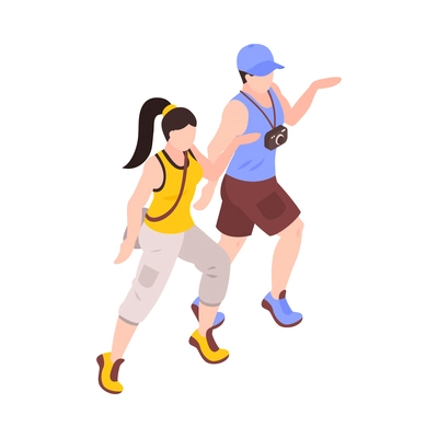 Isometric faceless human characters of tourists with camera 3d vector illustration