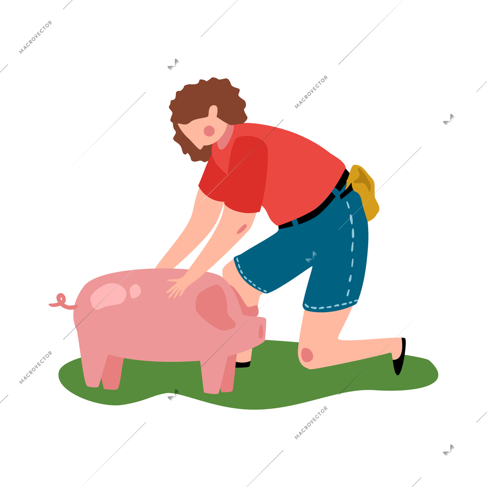 Farmer looking after pig flat vector illustration