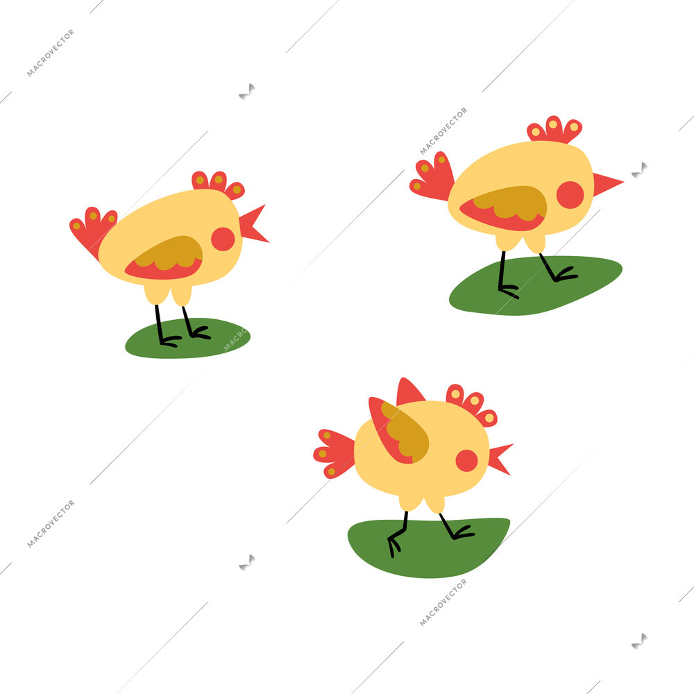 Three flat doodle yellow little chickens isolated on white background vector illustration