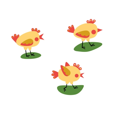 Three flat doodle yellow little chickens isolated on white background vector illustration